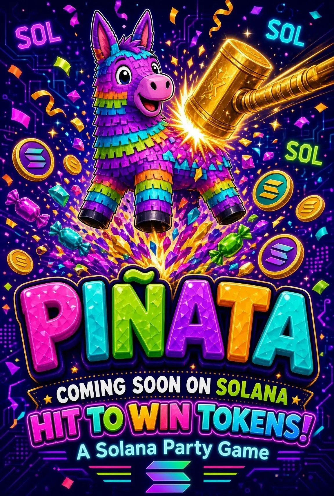 PINATA mascot with a stick ready to smash a giant pinata