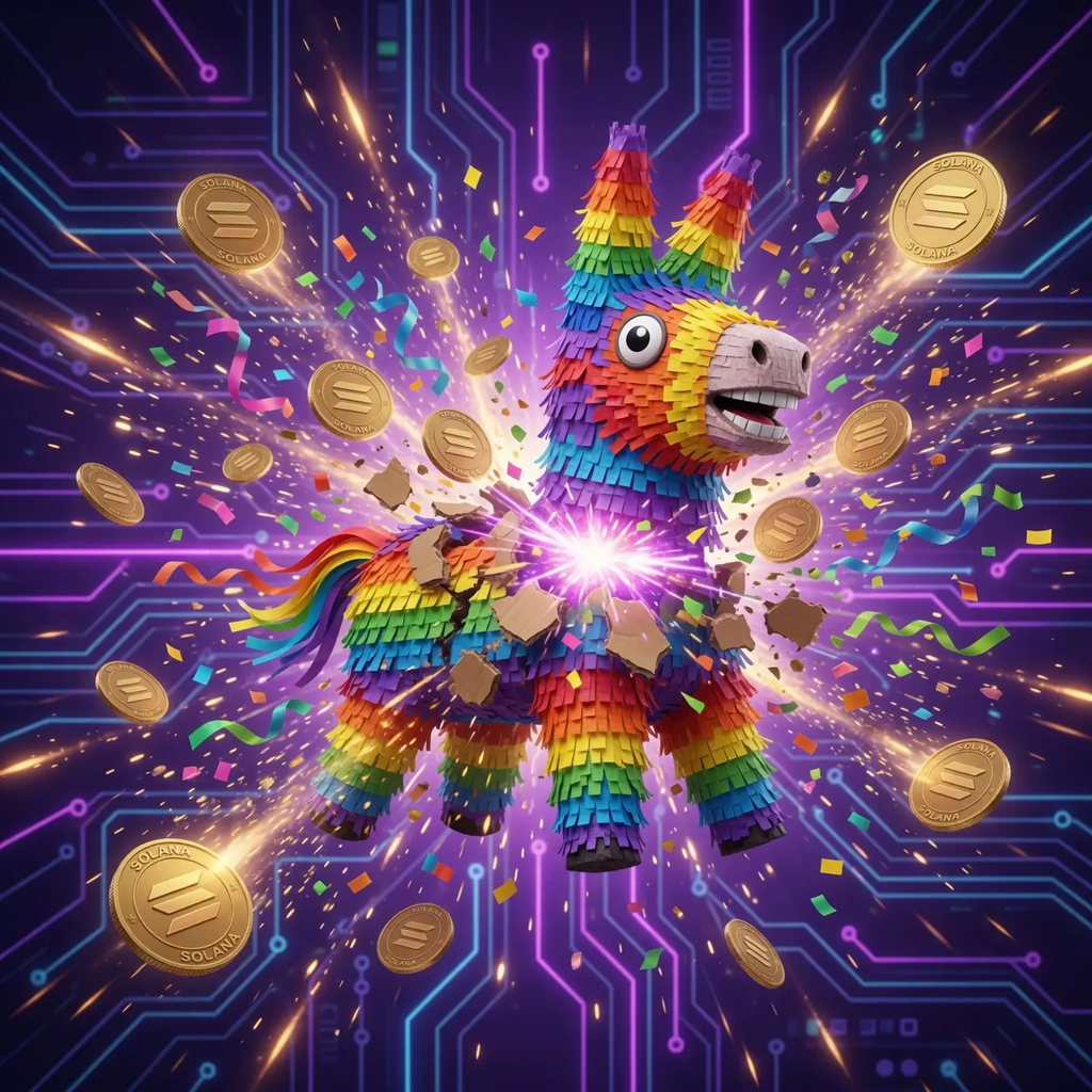 $PINATA mascot celebrating with a glowing Solana coin